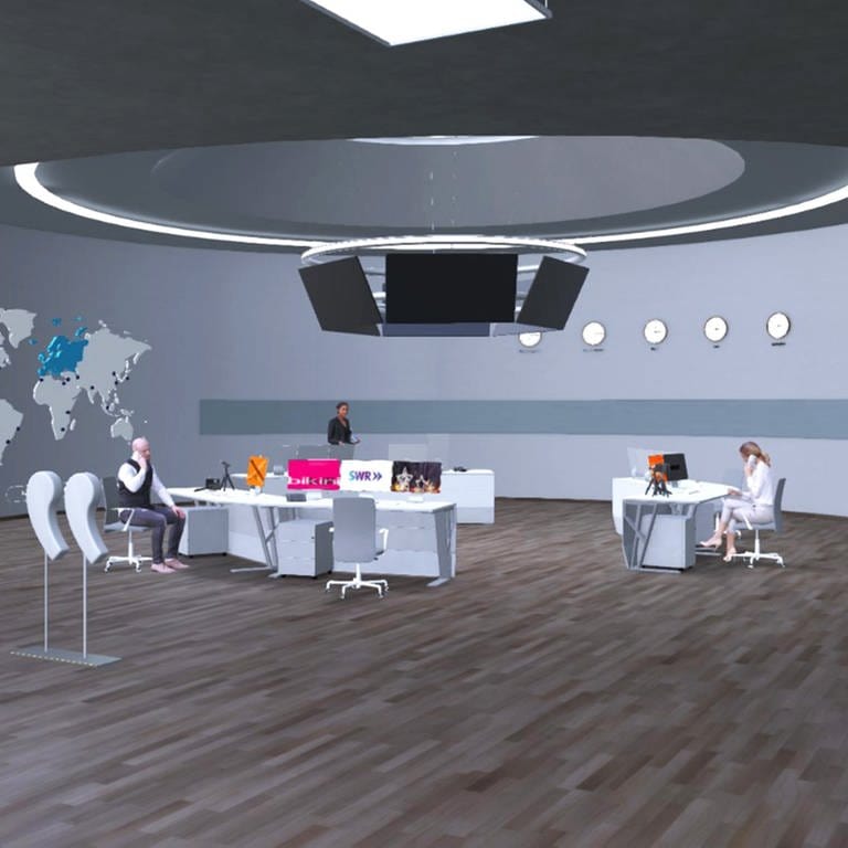 Menschen arbeiten im Newsroom in SWR Virtuell